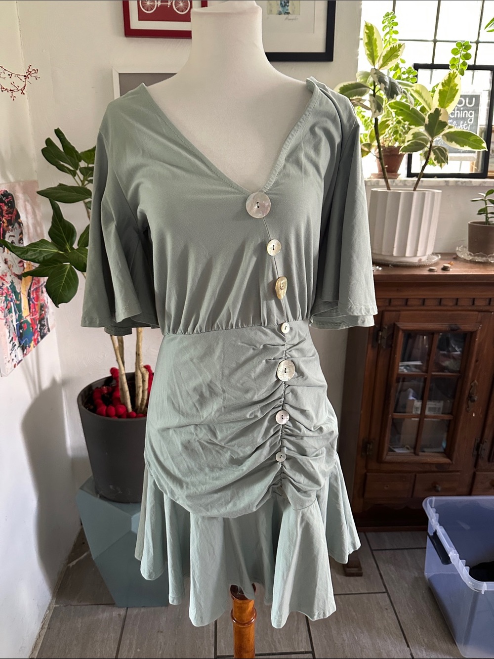 Indikah by Angel Biba Sage Green Dress - Button Front Medium